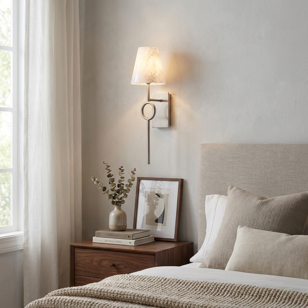 In a bedroom beside a linen headboard, this Clérachic wall sconce glows above a walnut nightstand with a framed photo and vase.