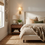 Lit above a walnut nightstand with a lamp and books, this Clérachic wall sconce in brushed brass sits beside a bed with a faux fur throw.