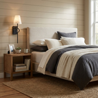 Mounted on a shiplap wall above a nightstand with a framed photo, this Clérachic wall sconce in matte black lights an upholstered bed.