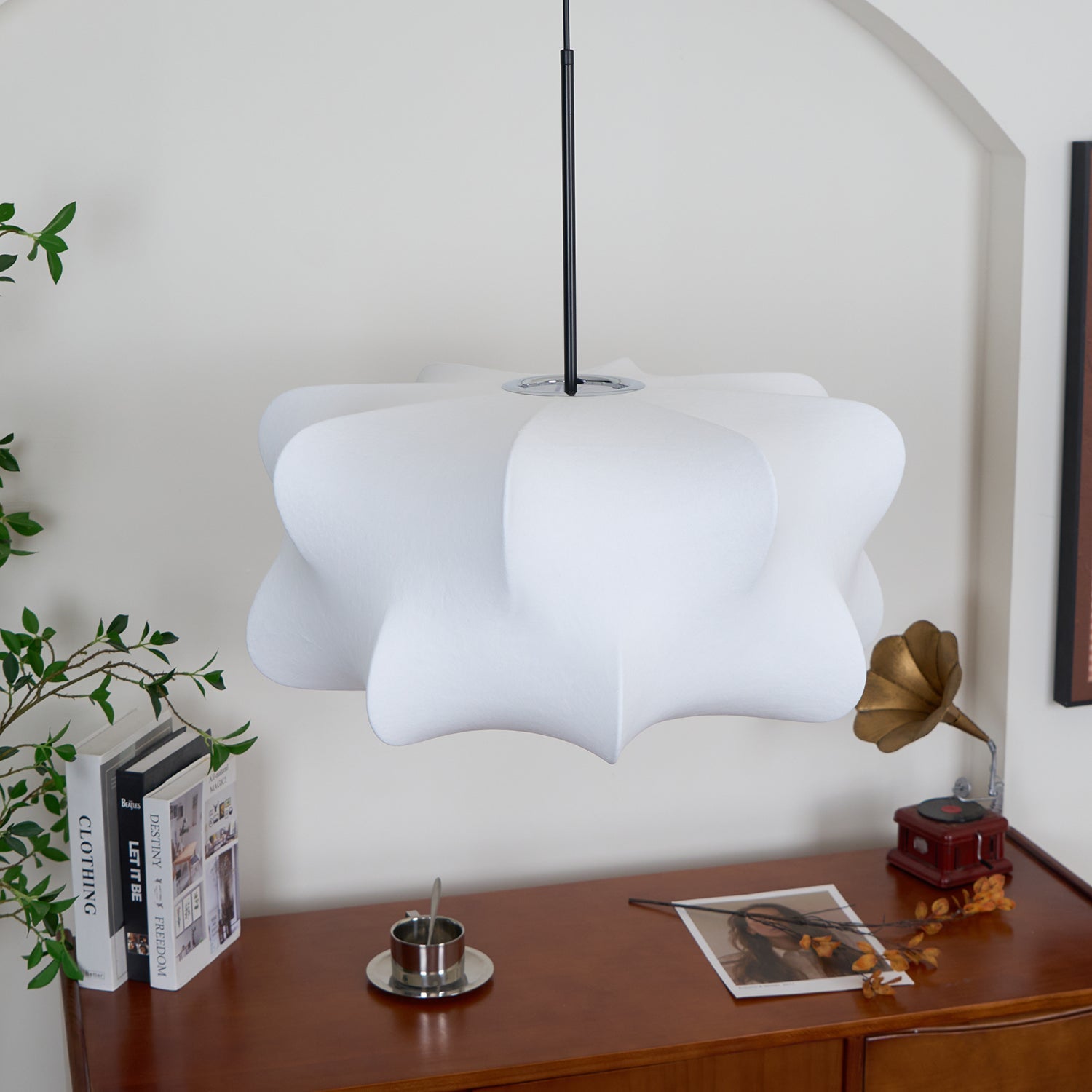 Close view of the cloud-like silk form of the Elysia pendant