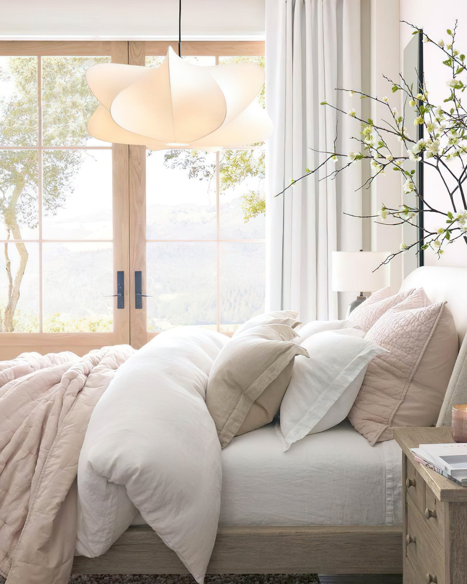 Elysia pendant light with its silk shade seen from below