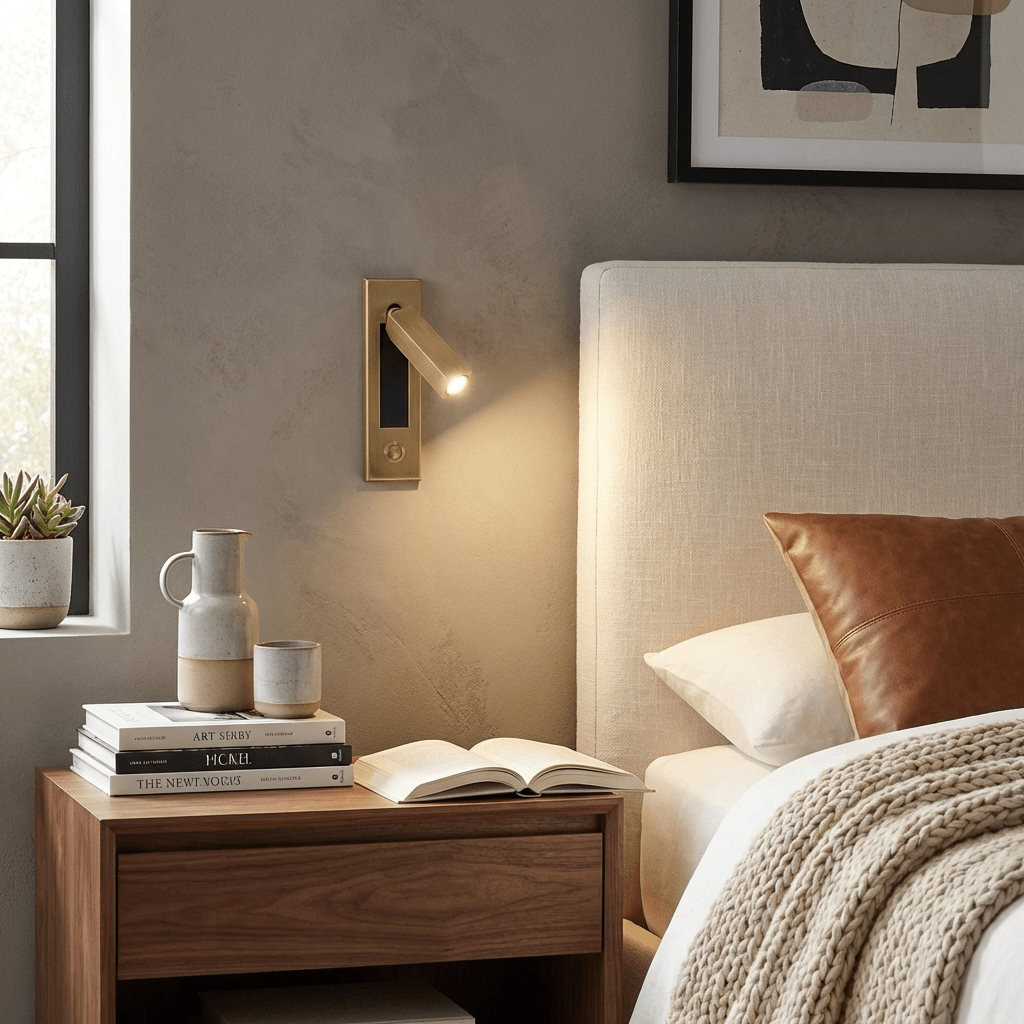 Recessed bedside wall sconce head detail with folding arm extended