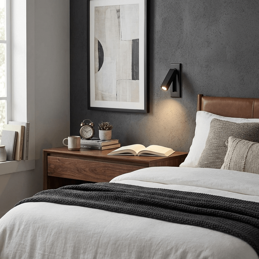 Recessed bedside wall sconce with slim cylindrical head detail
