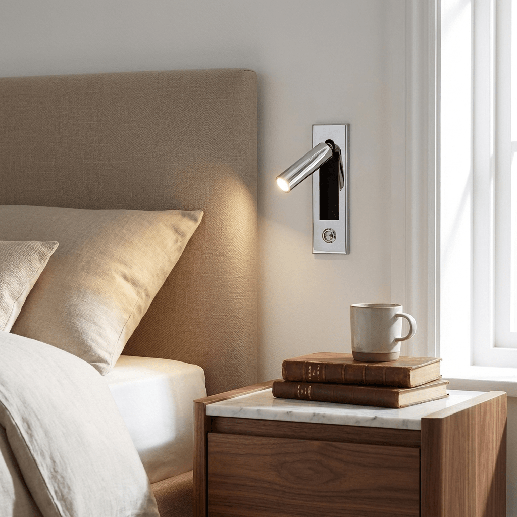 Recessed bedside wall sconce shown in a matt black finish detail
