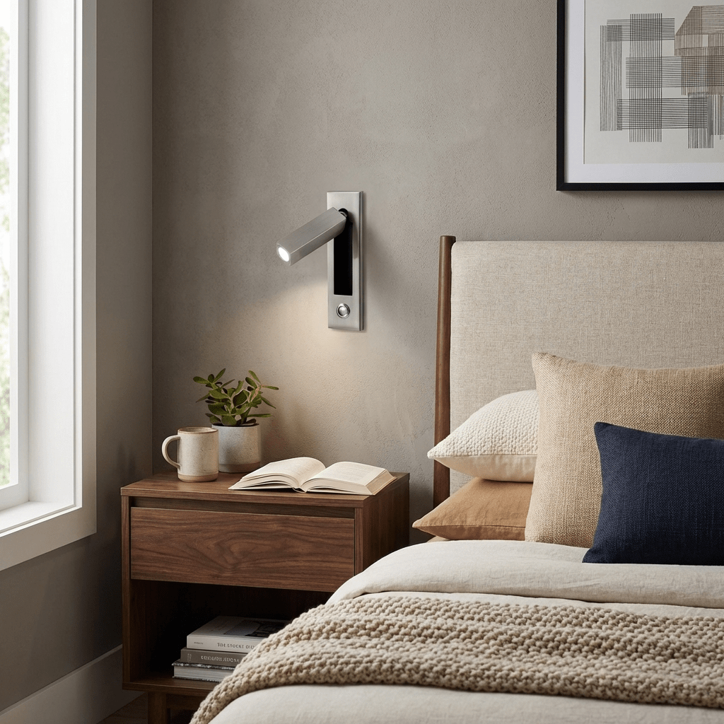 Recessed bedside wall sconce shown in a black and copper finish