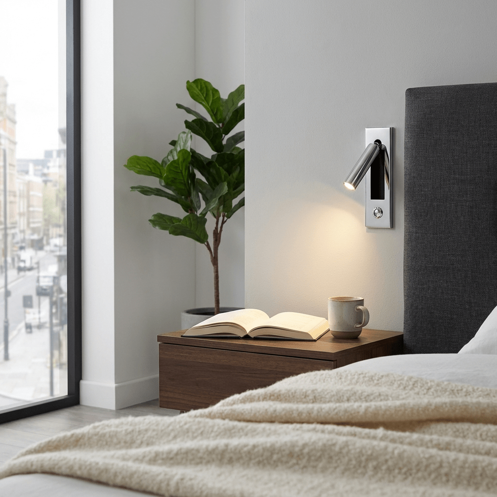 Recessed bedside wall sconce mounted flush with head folded in