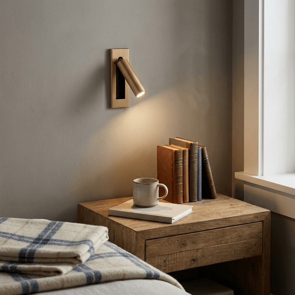 Recessed bedside wall sconce shown in a copper finish detail