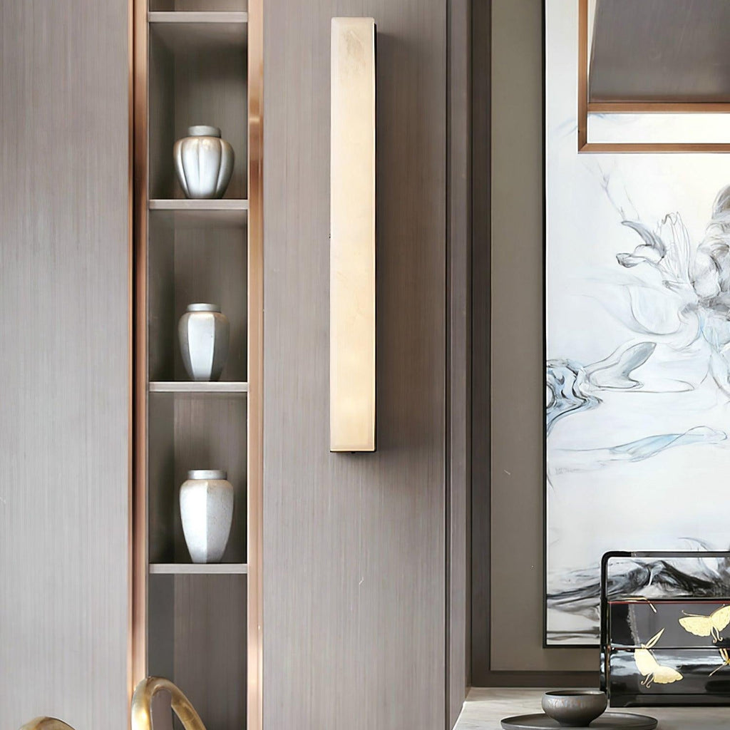 Closer crop of the unlit Kristy lamp next to the vase niche, showing its slim rectangular body.