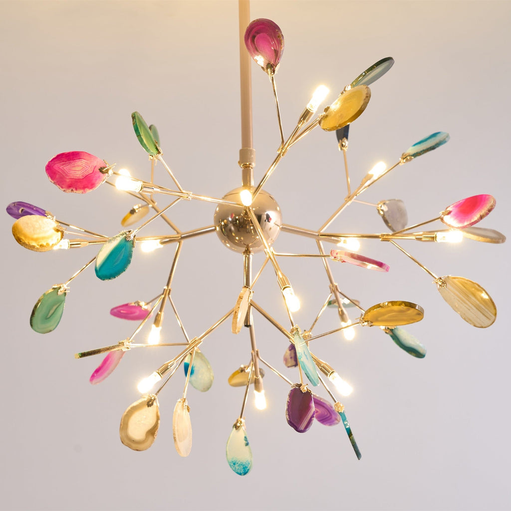Agate Chandelier, Natural Agate Slices, Rose Gold Arms, G4 LED