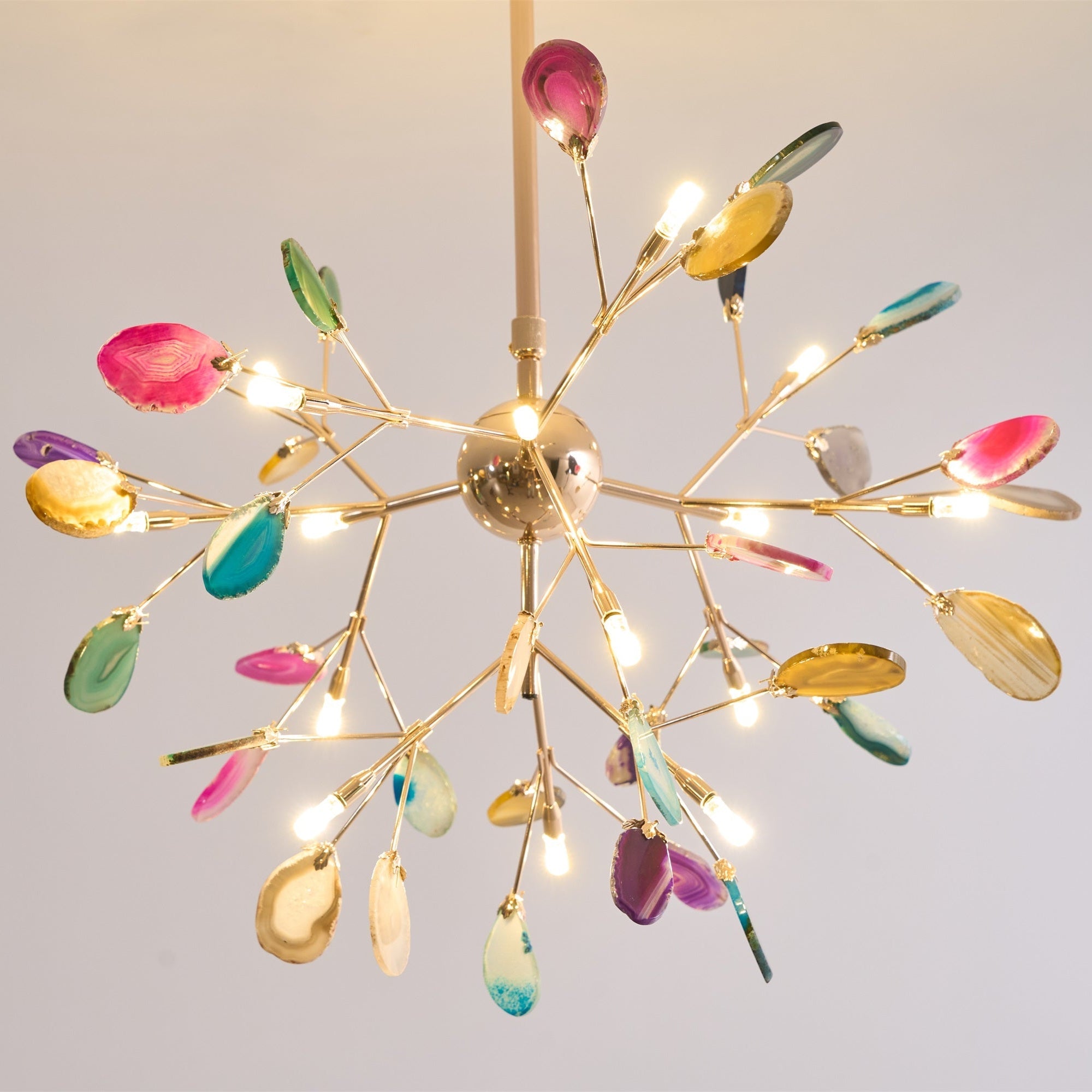 Agate Chandelier, Natural Agate Slices, Rose Gold Arms, G4 LED