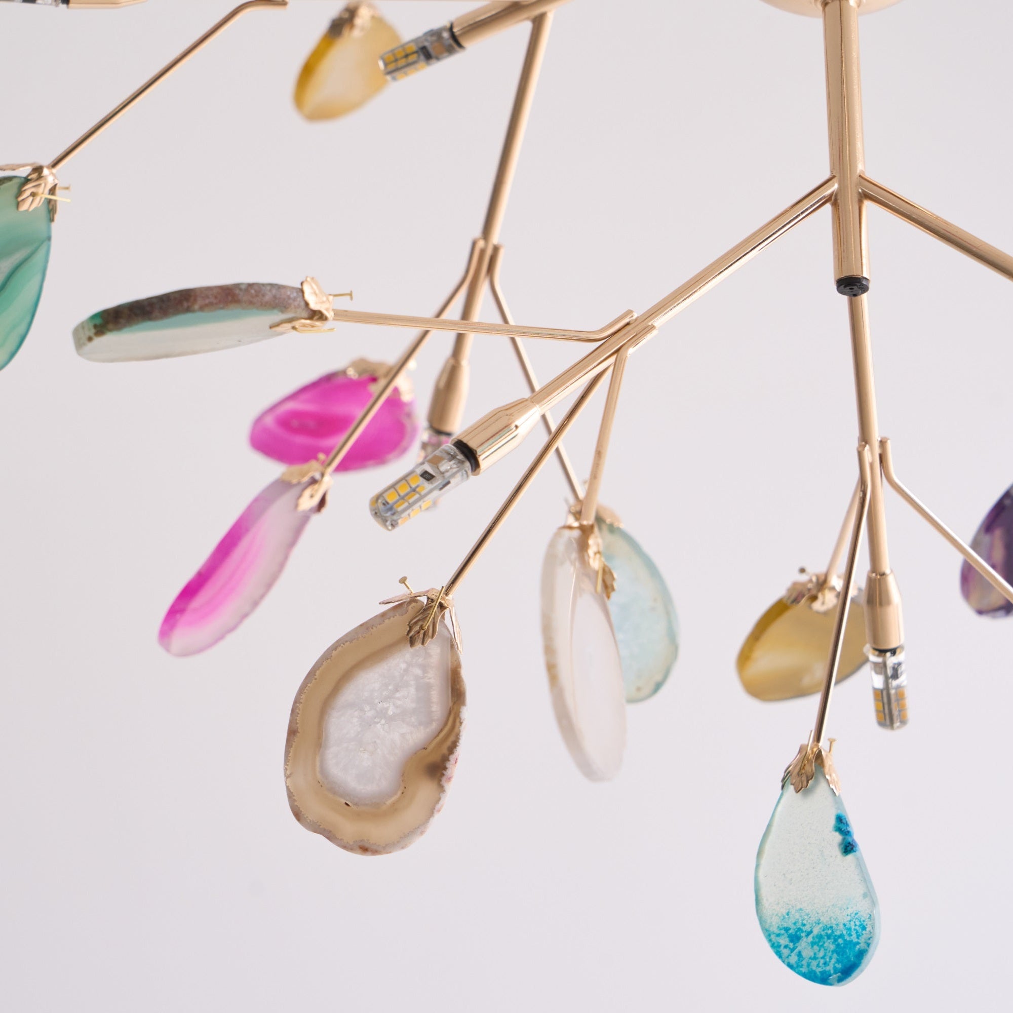 Agate Chandelier, Natural Agate Slices, Rose Gold Arms, G4 LED