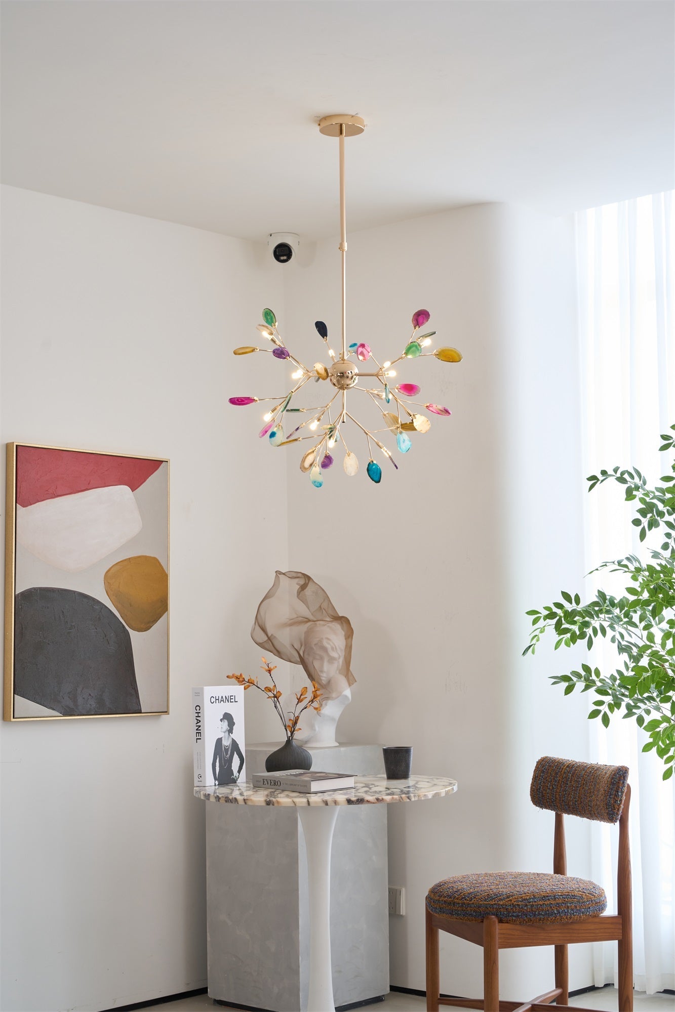 Natural agate chandelier showing unique veined stone slices