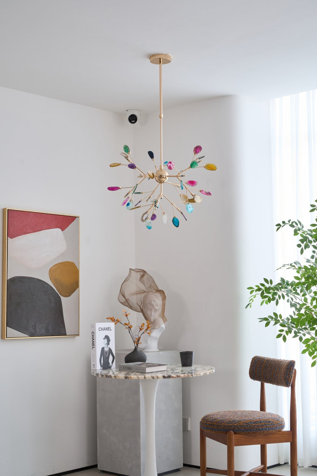 Lit agate chandelier with translucent stone slices overhead