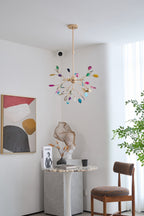 Lit agate chandelier with translucent stone slices overhead