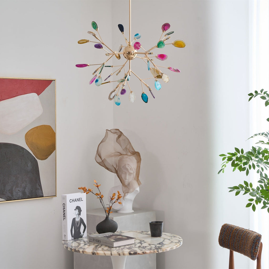 Natural agate chandelier with veined colourful stone slices