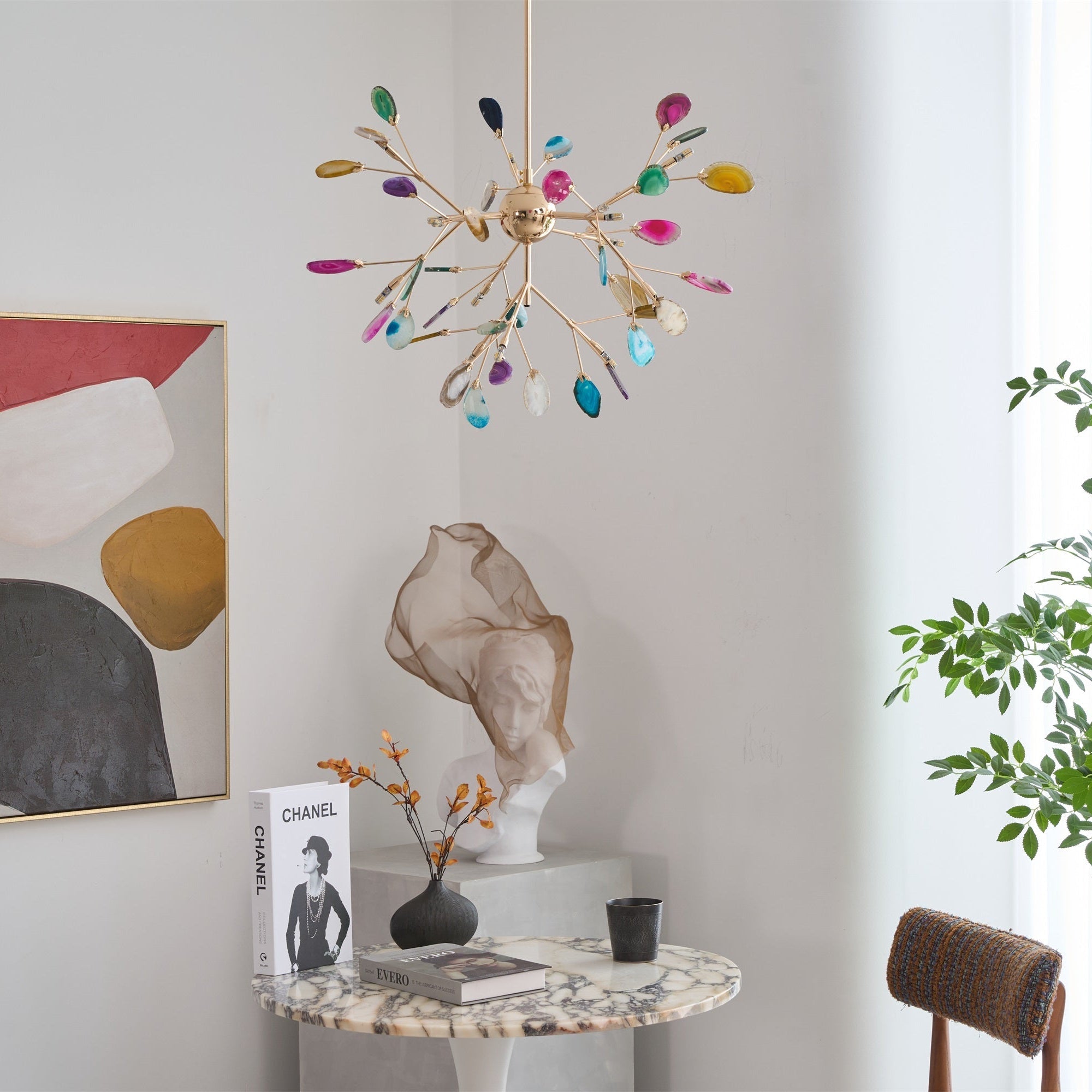 Natural agate chandelier with veined colourful stone slices