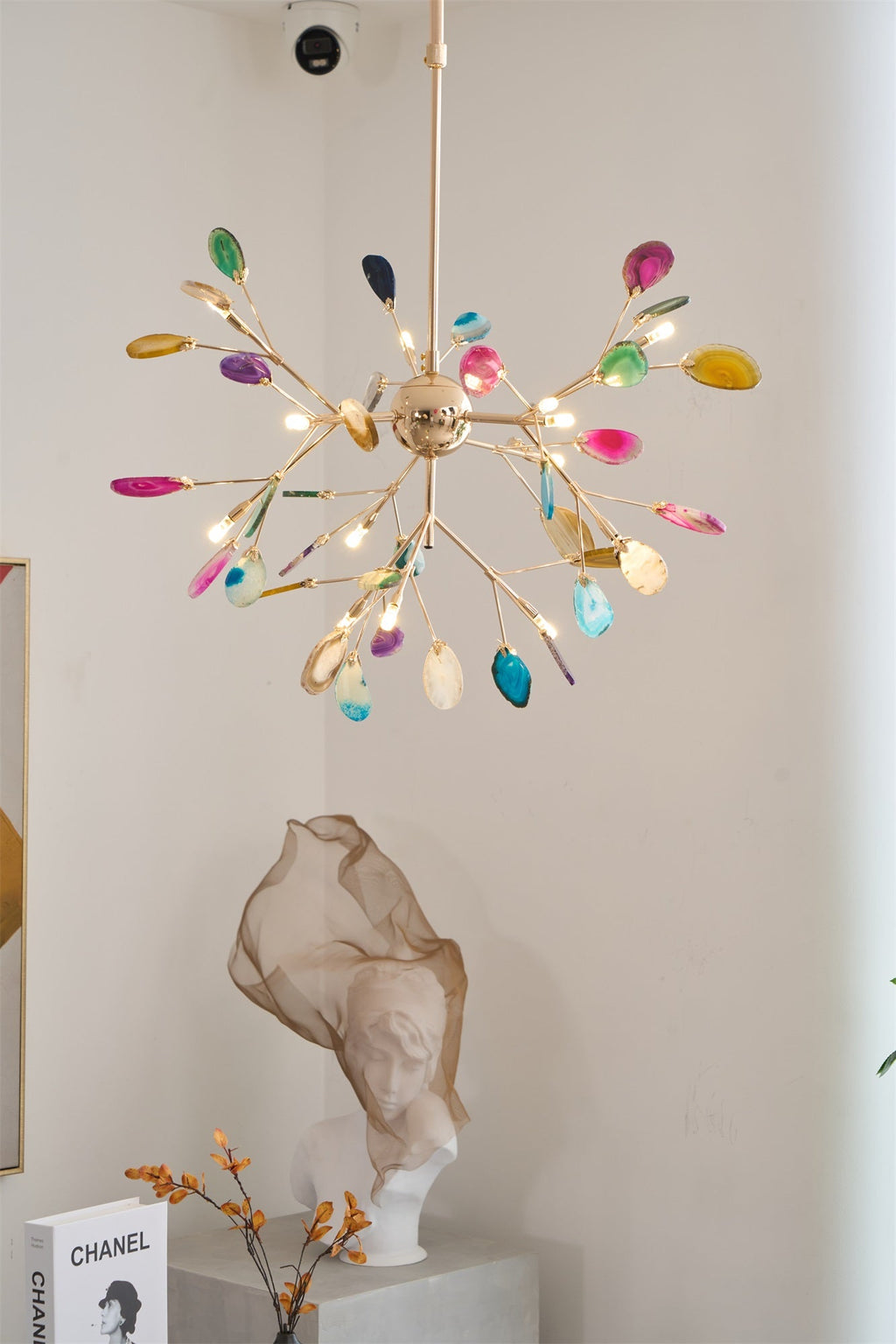 Agate Chandelier, Natural Agate Slices, Rose Gold Arms, G4 LED