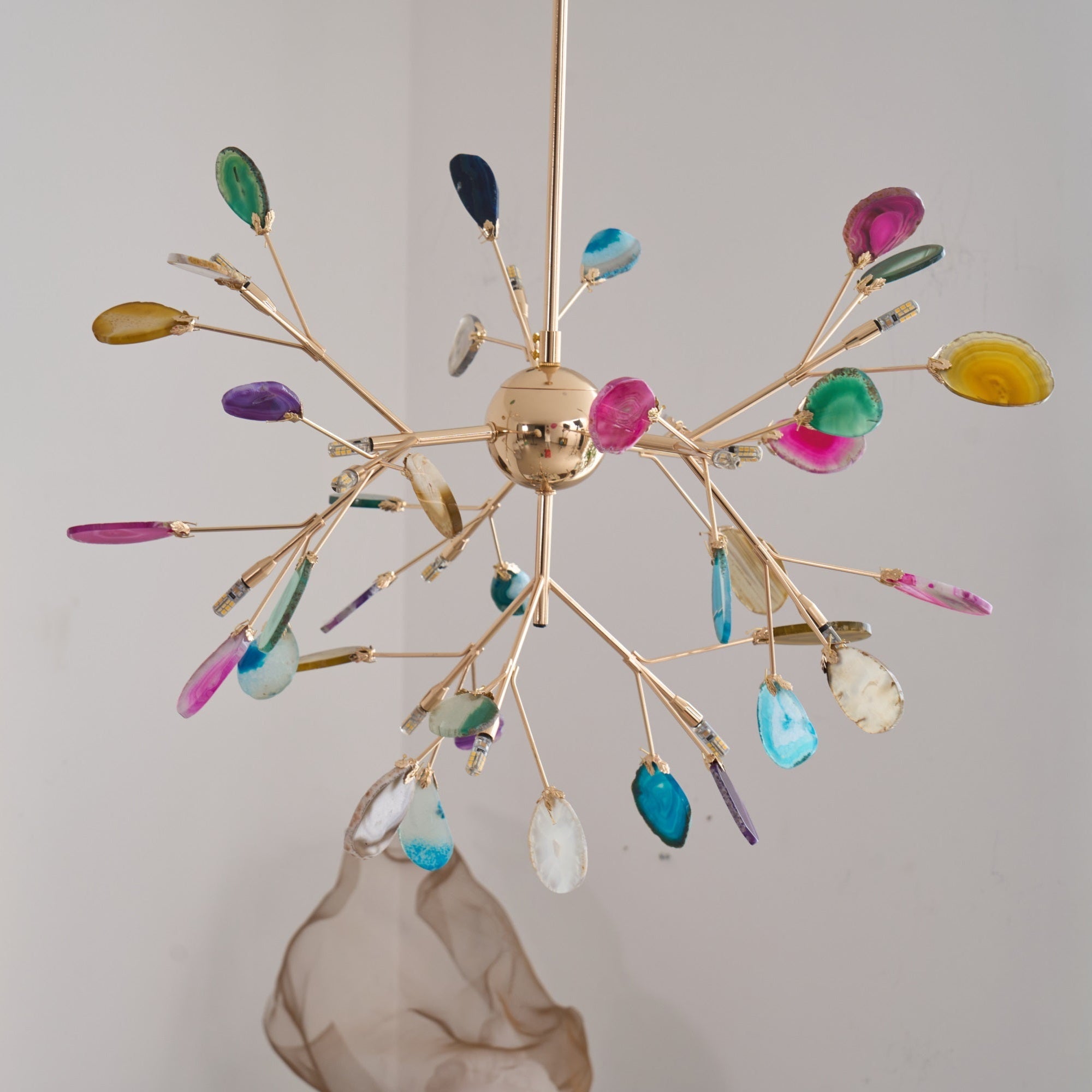 Agate Chandelier, Natural Agate Slices, Rose Gold Arms, G4 LED