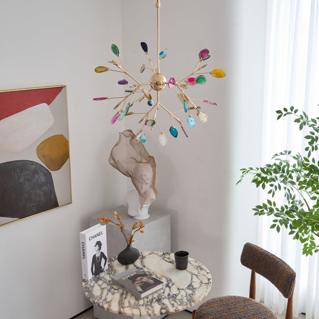 Agate Chandelier, Natural Agate Slices, Rose Gold Arms, G4 LED