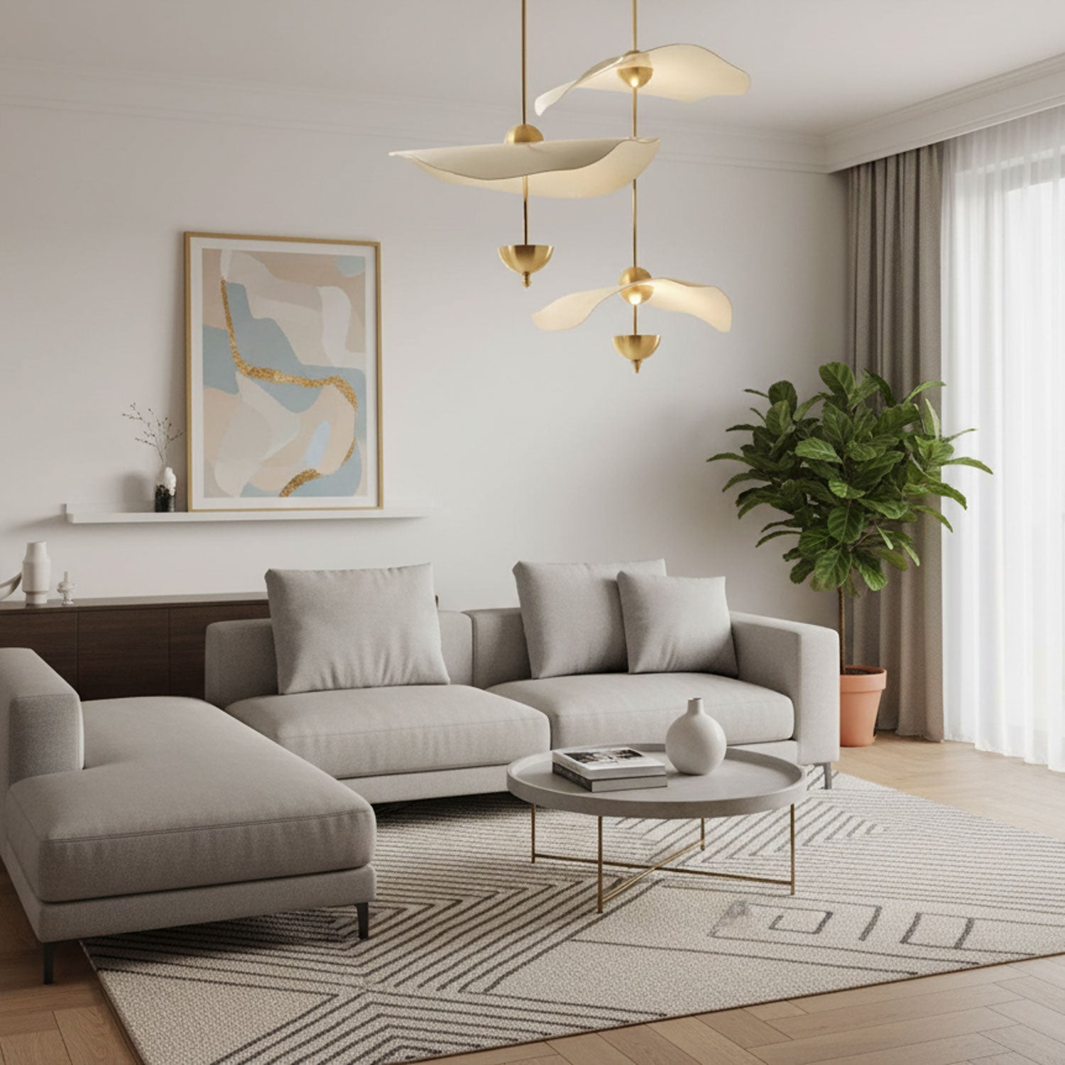 Envolee Double Biscuit gold and white pendant light glowing warmly over a living space