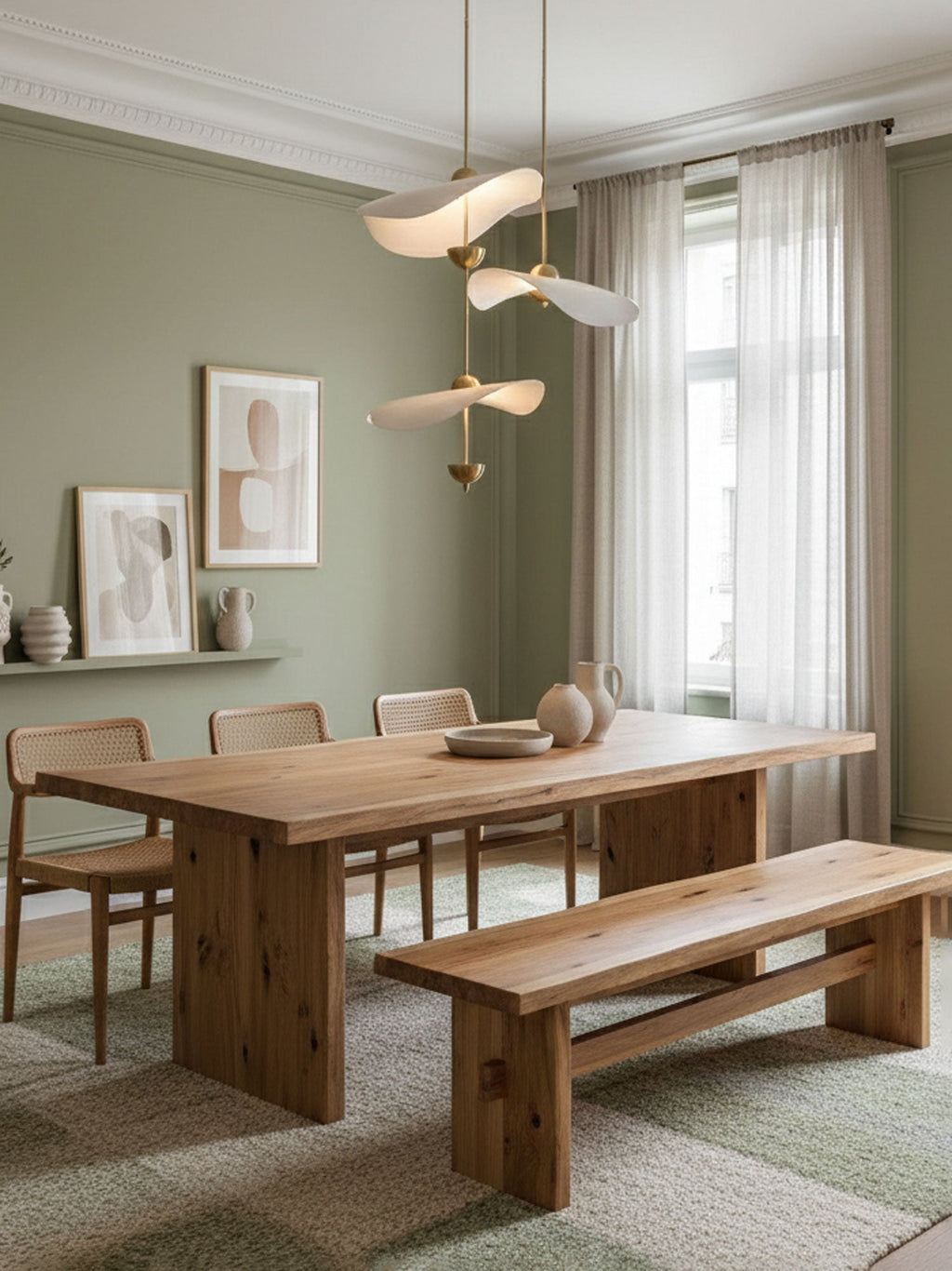 Envolee Double Biscuit gold and white pendant light glowing warmly over a living space