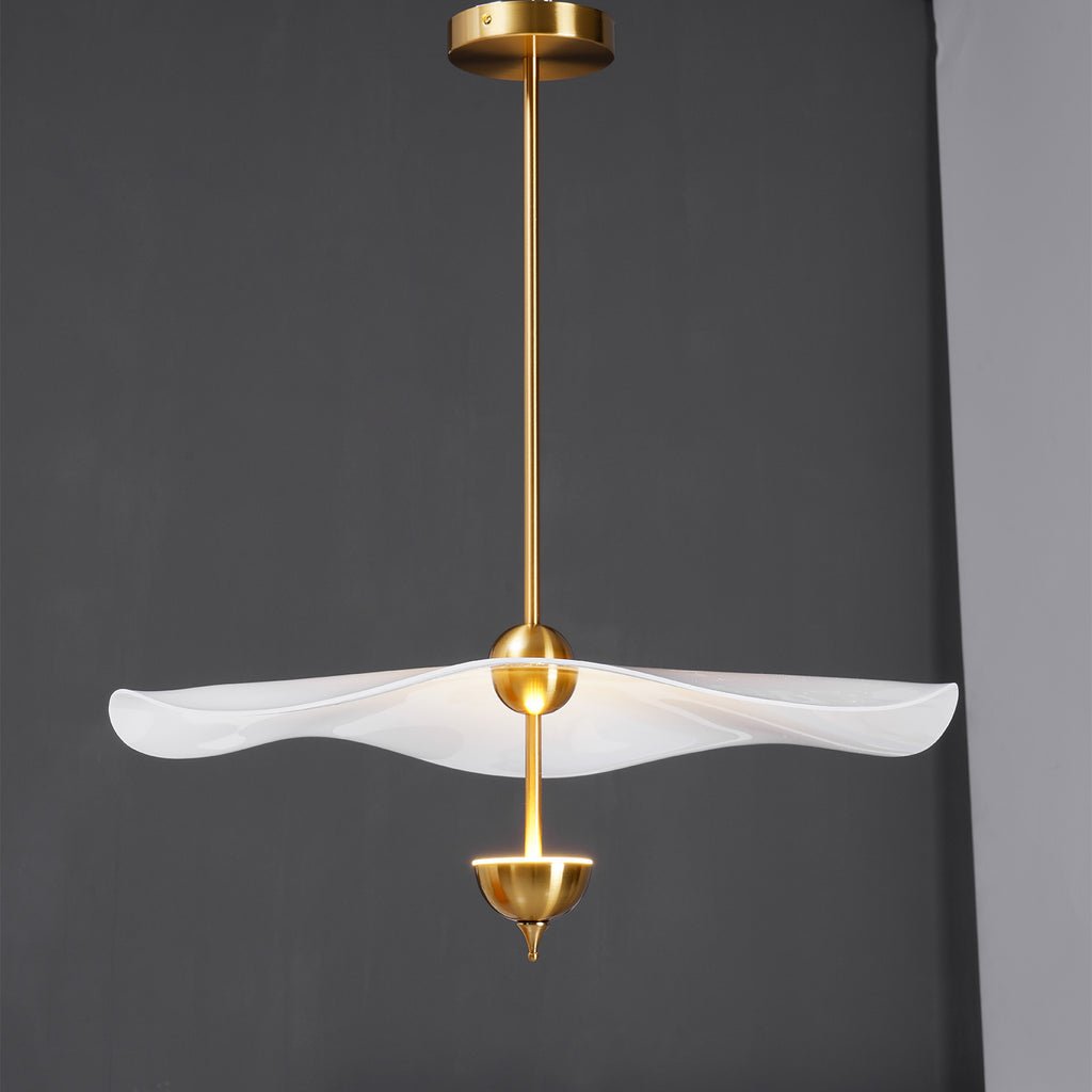 Close detail of the Envolee Double Biscuit pendant's layered white shade and gold frame