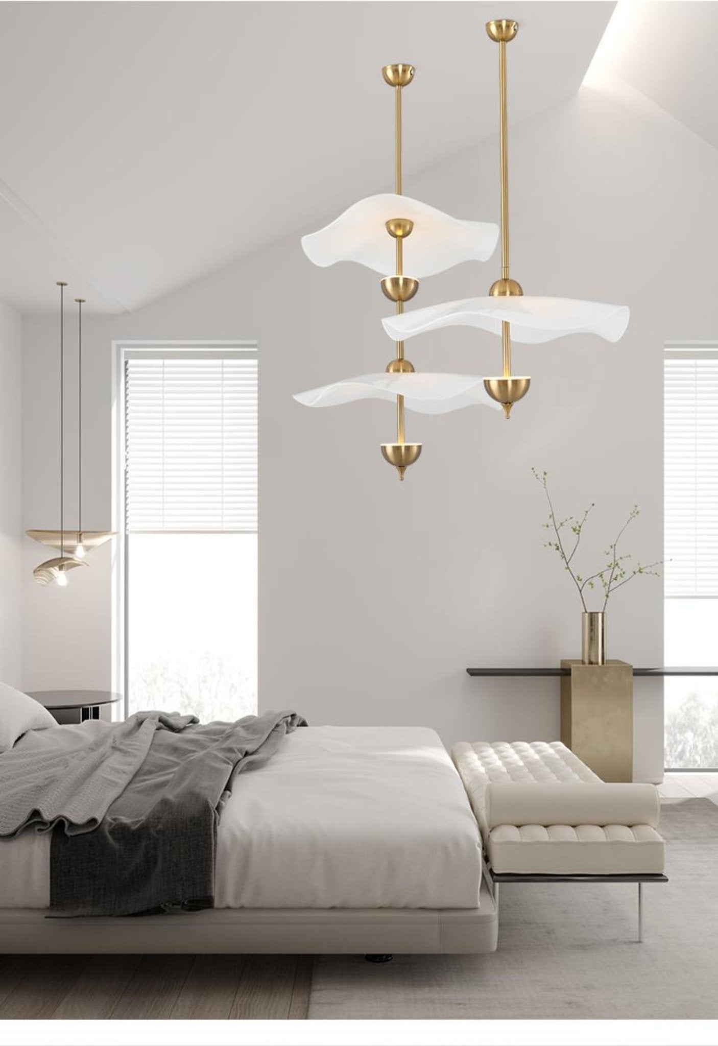 Side profile of the Envolee Double Biscuit pendant showing its sculptural double-shade silhouette