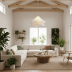 Ethereal Bloom pendant light front view of the white pleated fabric shade
