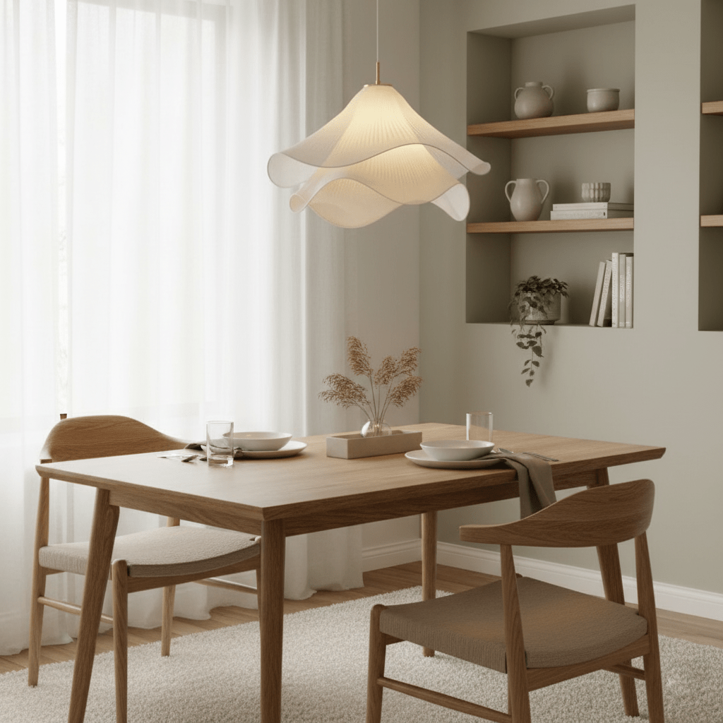 Ethereal Bloom pendant light angled view with gold body above the white shade