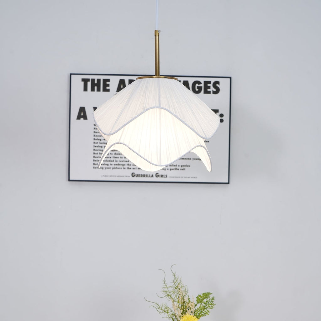 Ethereal Bloom pendant light final interior view of the white bloom shade and gold body
