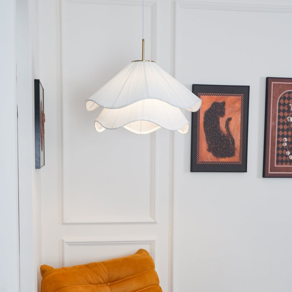 Ethereal Bloom plug-in pendant light close lifestyle view of the white pleated shade