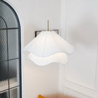 Ethereal Bloom pendant light hanging view of the pleated fabric and gold body