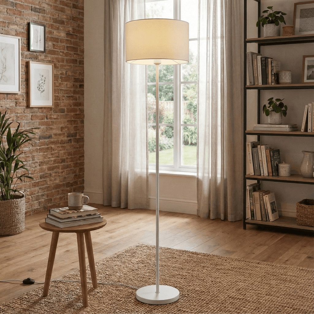 Gulvlampe, stofdiffusor, mesh-skærm, blødt stemningslys