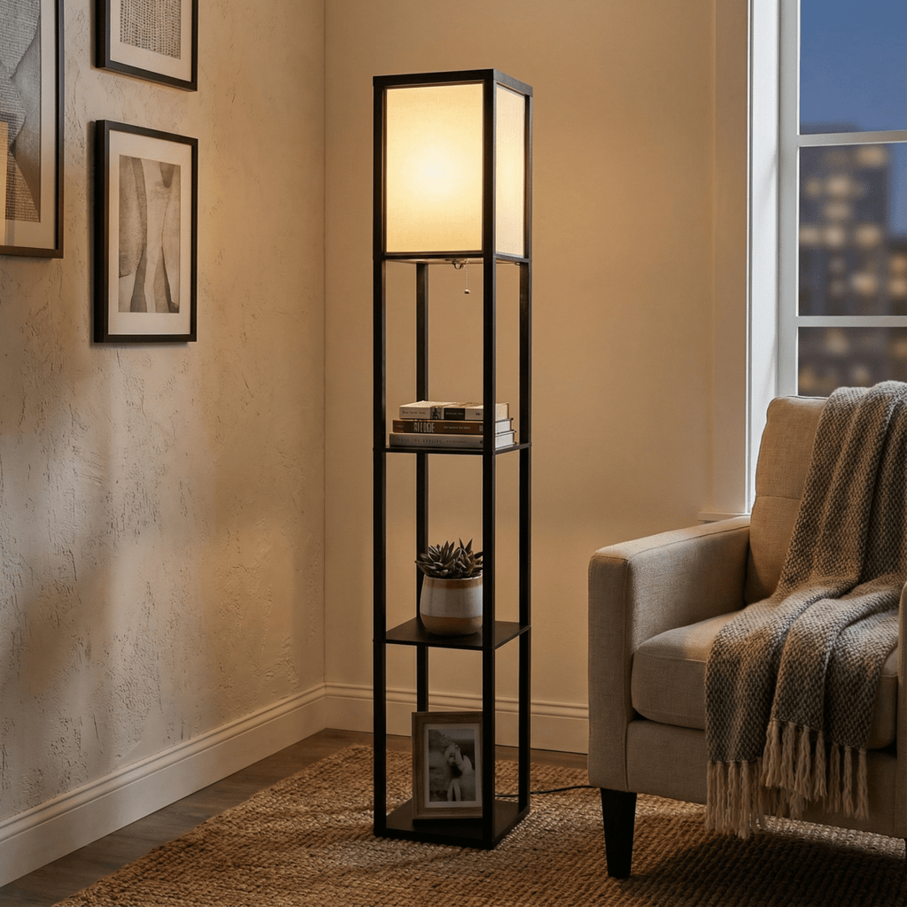 Floor Lamp, Fabric Shade, Built-In Storage Shelves, 60-Inch Height