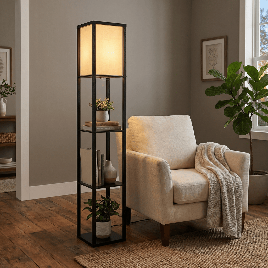 Floor Lamp, Fabric Shade, Built-In Storage Shelves, 60-Inch Height