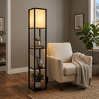 Floor Lamp, Fabric Shade, Built-In Storage Shelves, 60-Inch Height