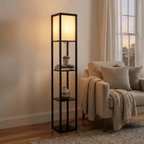 Floor Lamp, Fabric Shade, Built-In Storage Shelves, 60-Inch Height
