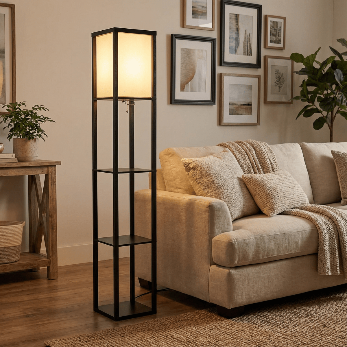 Floor Lamp, Fabric Shade, Built-In Storage Shelves, 60-Inch Height