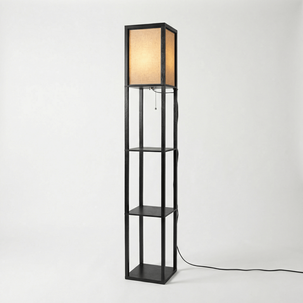 Floor Lamp, Fabric Shade, Built-In Storage Shelves, 60-Inch Height