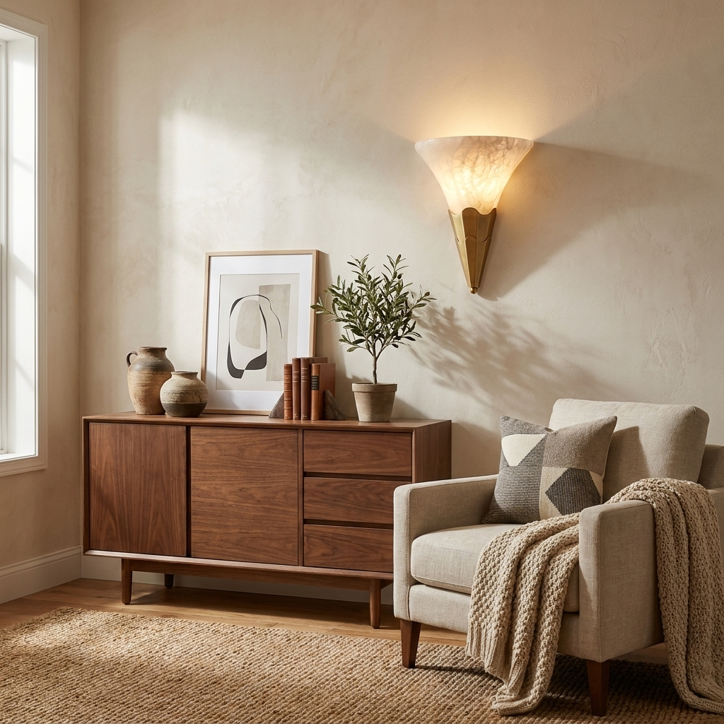 Beside a walnut console with a throw blanket and books, this Clérachic sconce in brushed brass lights a cream armchair below.