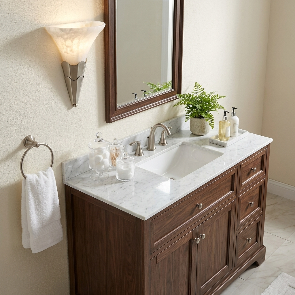 Mounted beside a mirror above a marble vanity, this Clérachic sconce shows its brushed nickel fluted base near a towel ring.
