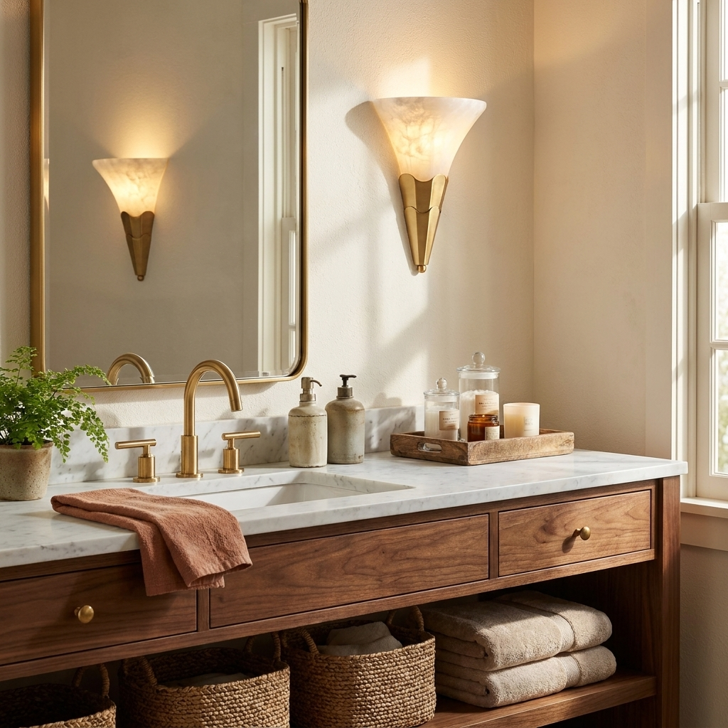 Reflected in the mirror above a walnut vanity with woven baskets, this Clérachic sconce glows in brushed brass by a window.