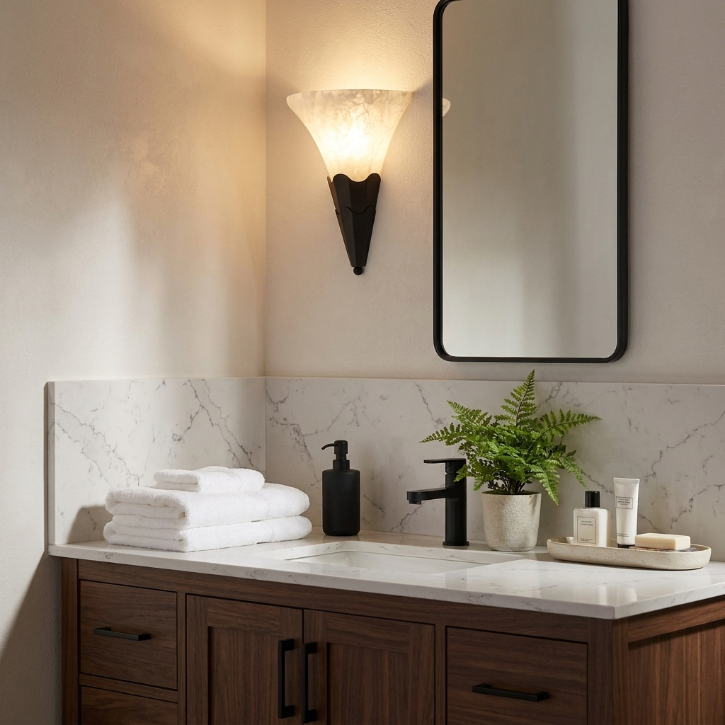 Mounted in a bathroom corner near a marble backsplash, this Clérachic sconce shows its matte black fluted base unlit.