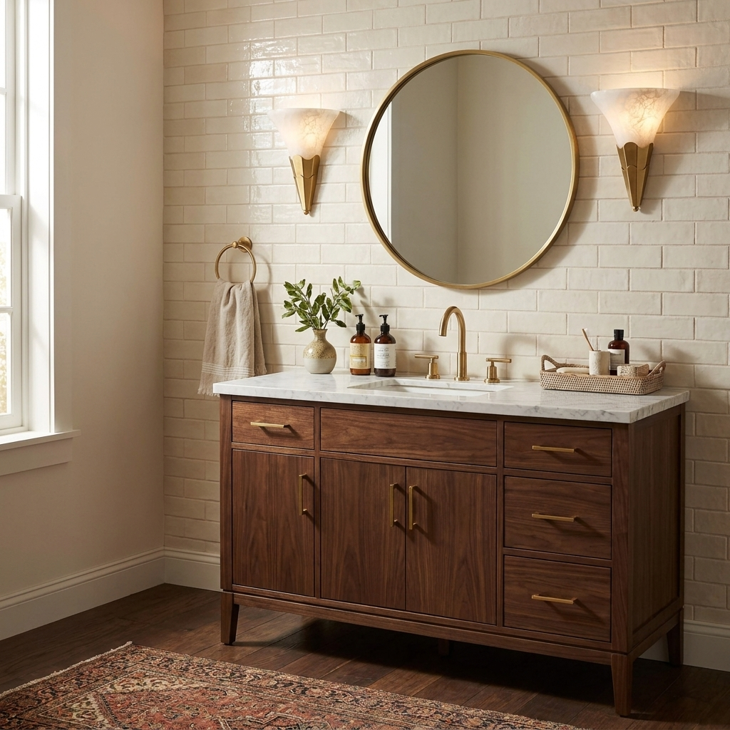 Flanking a round brass-framed mirror on white brick, these Clérachic sconces glow above a walnut vanity in brushed brass.