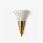 Product shot on a plain white background: this Clérachic sconce's fan-shaped alabaster shade sits on a brushed brass fluted base.