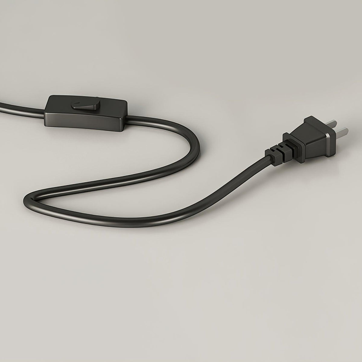 Detail of the Clérachic floor lamp's fabric-covered cord with its inline on/off switch and two-pin plug, laid on a plain grey background.