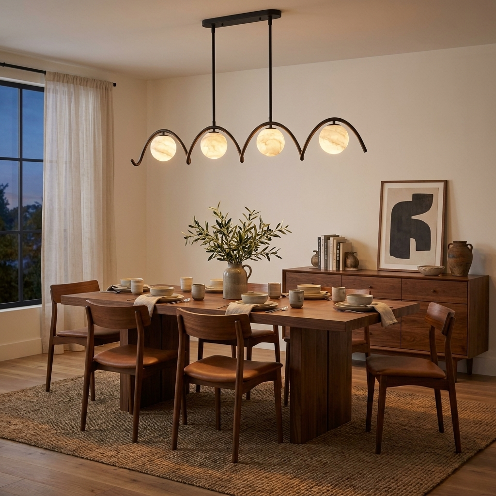 Beside a curtained window, this matte black Clérachic chandelier lights a wood dining table set for a meal.