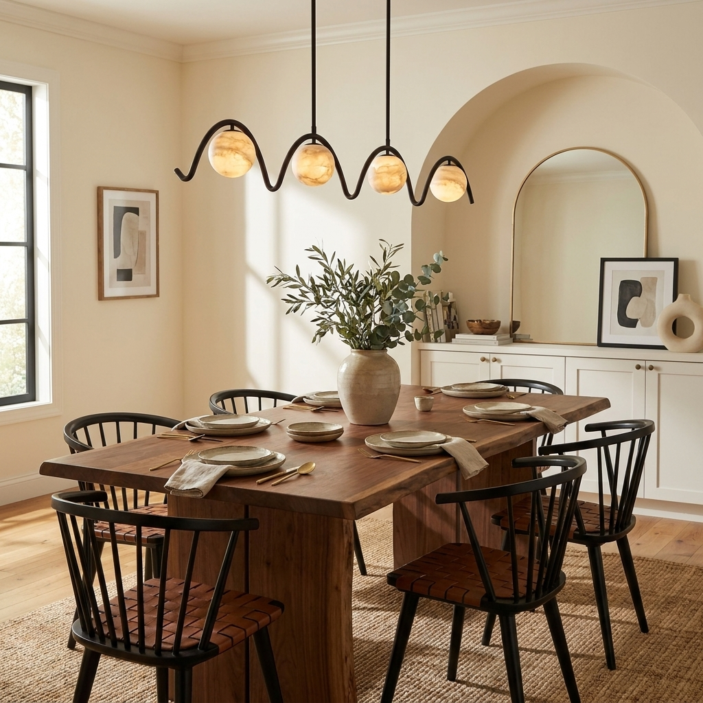 Beneath an arched doorway, this matte black Clérachic chandelier hangs over a wood table with spindle-back chairs.
