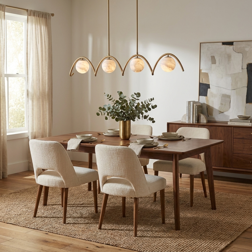 With cream upholstered chairs around a wood table, this Clérachic chandelier glows overhead in brushed brass.