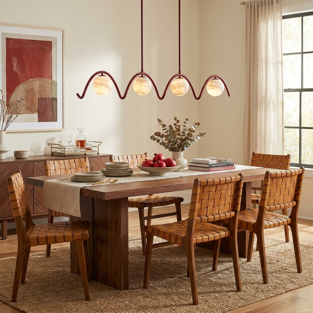 Above a wood dining table set with woven leather chairs, this Clérachic chandelier arches in matte red.